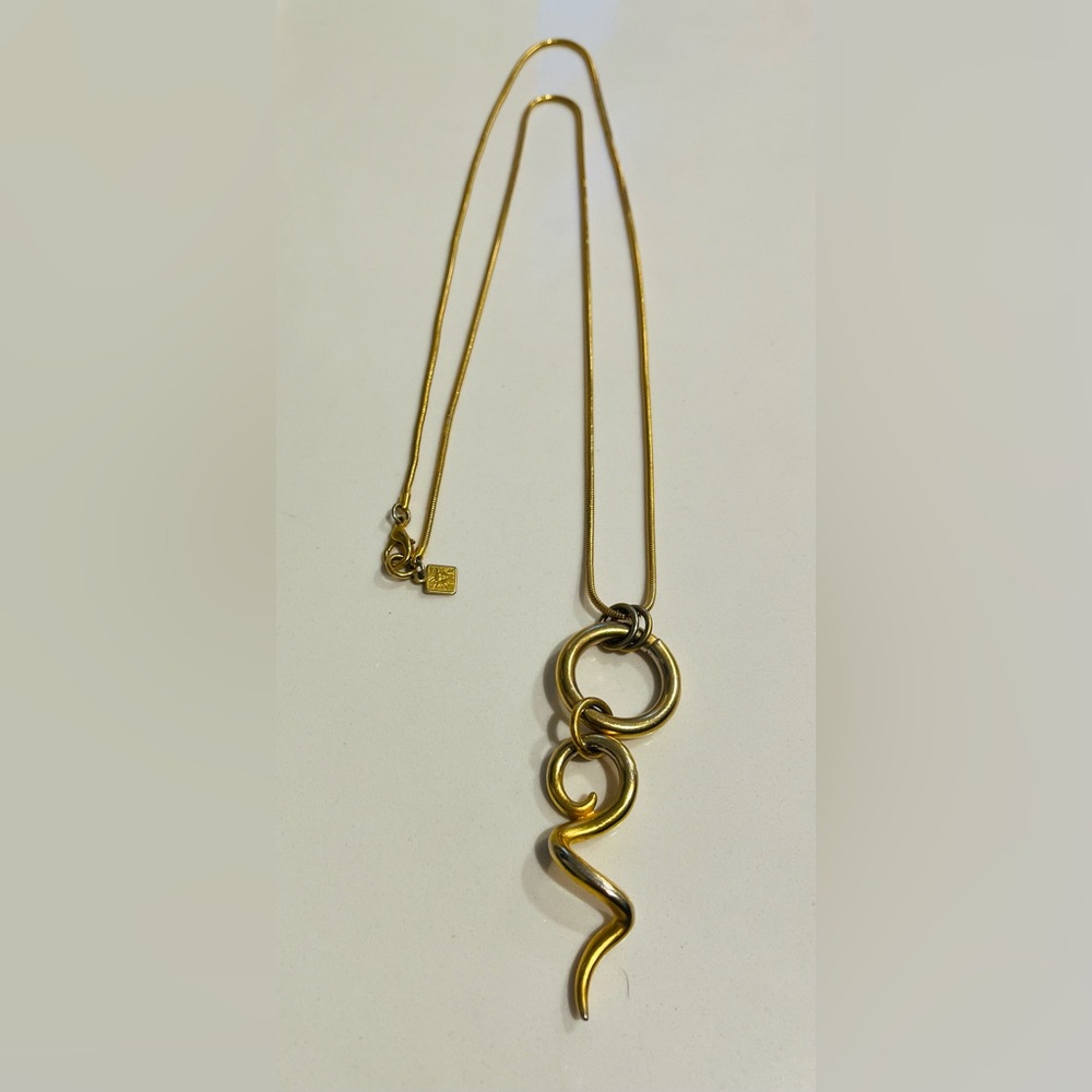 Anne Klein Necklace Abstract Swirl Pendant Matte Gold Tone Snake Chain Signed.